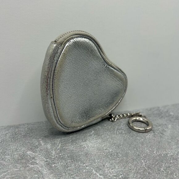 Saint Laurent YSL Metallic Silver Leather Heart Coin Purse with Key Chain - Picture 4 of 15